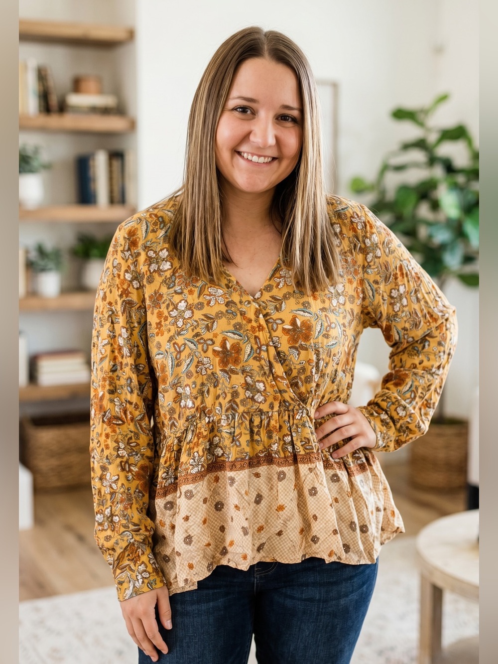 Heyson Women's Mustard Floral Peplum Blouse - Casual V-Neck Long Sleeve Size 2X